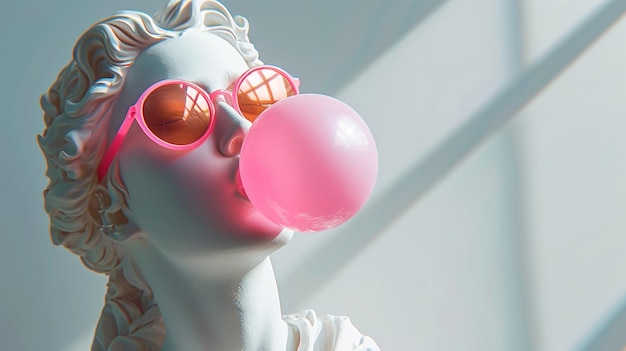 Antieke vrouwelijke witte standbeeldkop draagt een zonnebril en blaast roze kauwgom Generatieve AI