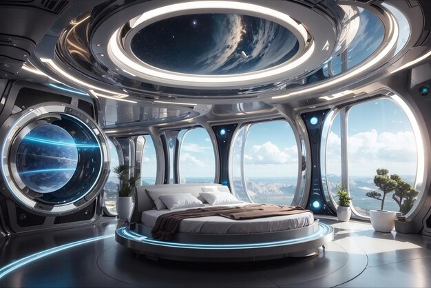 Antigravity serenity a futuristic bedroom in a space elevator