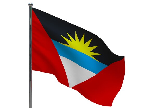 Antigua and Barbuda flag on pole. Metal flagpole. National flag of Antigua and Barbuda 3D illustration on white