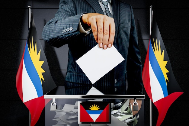 Antigua and Barbuda flags hand dropping voting card election concept 3D illustration