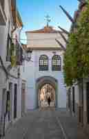 Photo antigua puerta de jerez y calle peatonal adoquinada en la hermosa villa de zafra espana