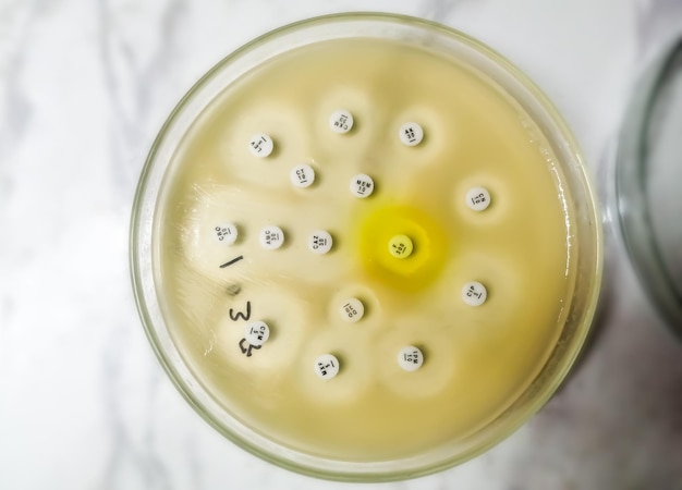 Antimicrobial susceptibility testing in petri dish. Antibiotic resistance of bacteria.