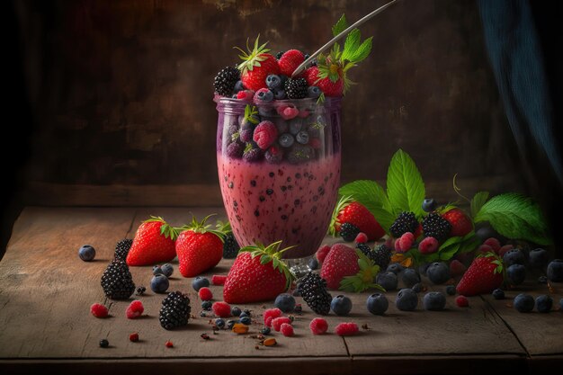 Antioxidant zomerfruit smoothie thuis gekookt op een rustieke tafel