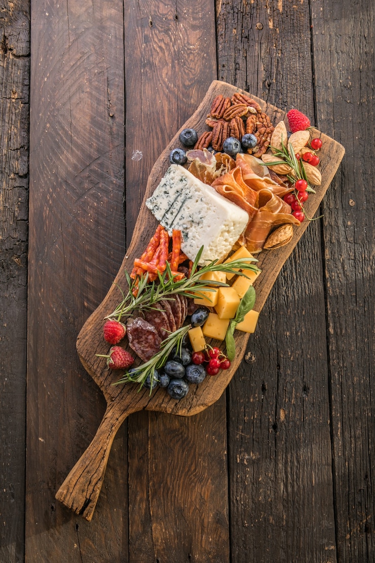 Photo antipasto background different italian snacks with fruit nut on a rustic background