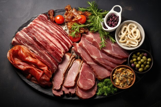 Antipasto platter with cold smoked meats top view on gray background