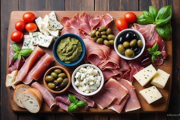 Antipasto platter with ham prosciutto salami blue cheese mozzarella with pesto and olives on a wood table background