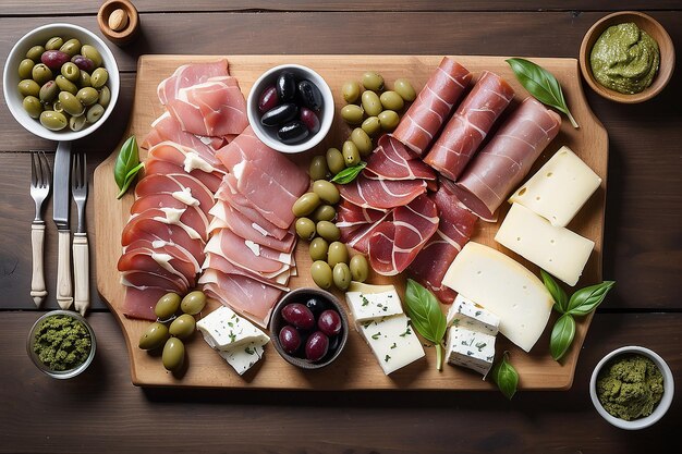 Antipasto platter with ham prosciutto salami blue cheese mozzarella with pesto and olives on a wood table background