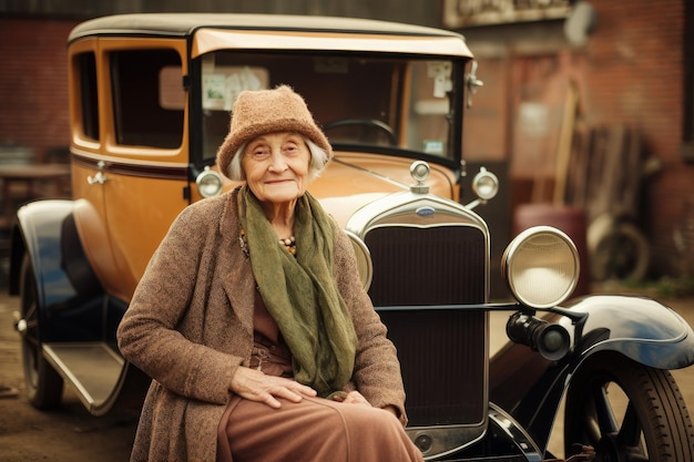 Antiquated American old woman car 1920 year Pretty female Generate Ai