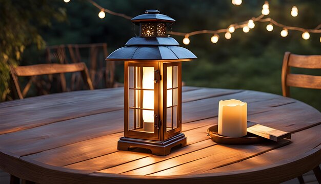 Photo antiquated lamp enlightens provincial wooden table outside