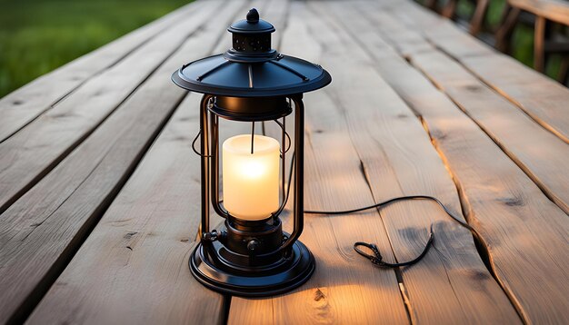 Photo antiquated lamp enlightens provincial wooden table outside