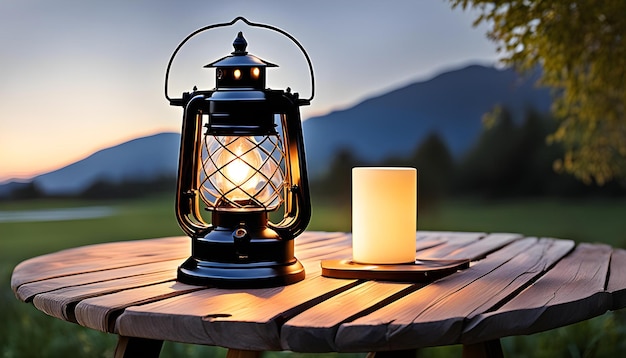 Photo antiquated lamp enlightens provincial wooden table outside