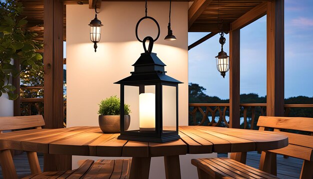 Photo antiquated lamp enlightens provincial wooden table outside