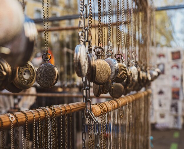 Antique accessories and decorations for sale at an outdoor flea market