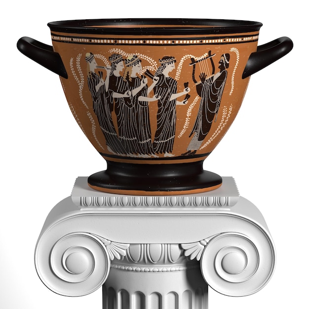 구불구불한 패턴과 장식이 기둥에 서 있는 골동품 고대 그리스 와인 꽃병