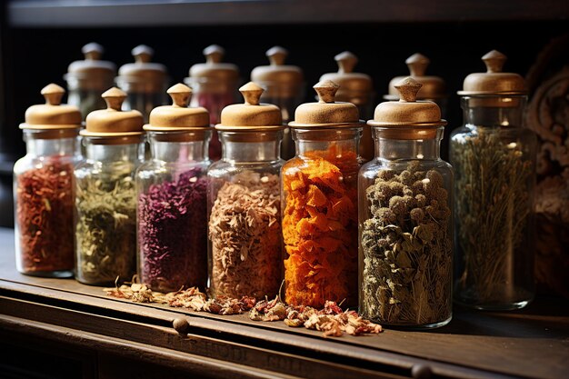 Фото Антикварные аптекарские банки, наполненные травами, сушеными цветами, морской солью.