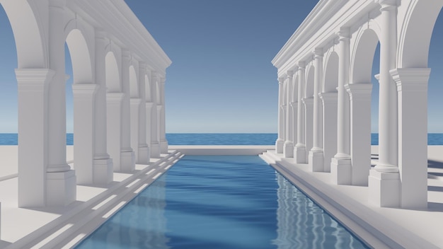 Photo antique architecture columns outdoor blue water pool blue sky and sea minimalism vacation relaxation 3d render