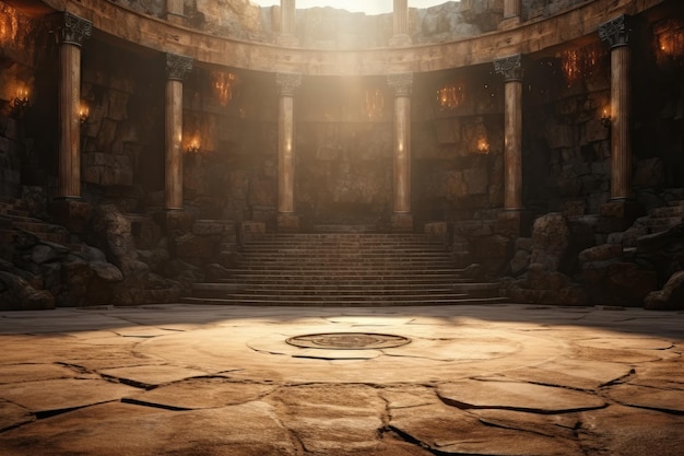 Античная арена подиум для сражений мраморные колонны пыль в воздухе древний Рим