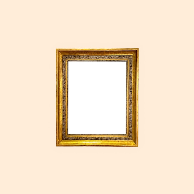 Antique art fair gallery frame on beige wall at auction house or museum exhibition blank template with empty white copyspace for mockup design artwork