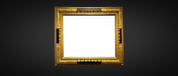 Antique art fair gallery frame on royal black wall at auction house or museum exhibition blank template with empty white copyspace for mockup design artwork