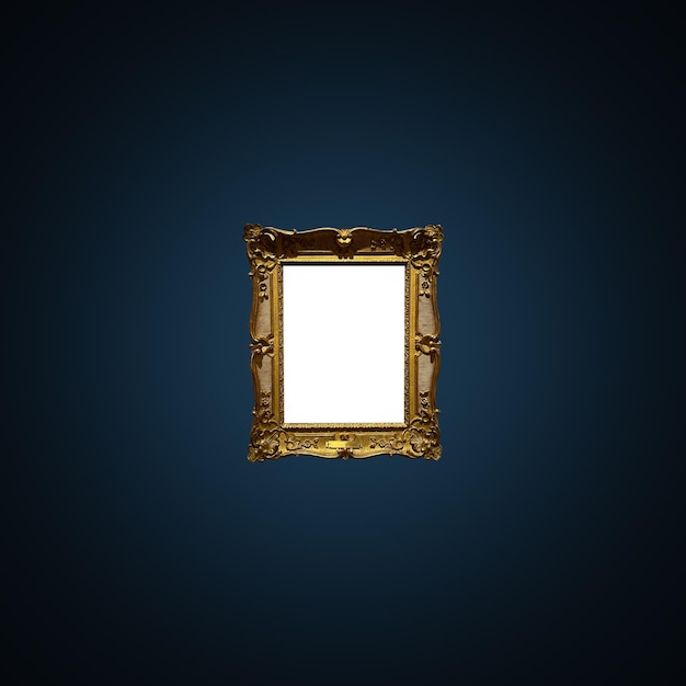 Antique art fair gallery frame on royal blue wall at auction house or museum exhibition blank template with empty white copyspace for mockup design artwork