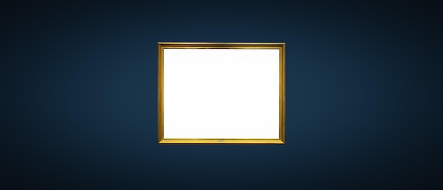 Antique art fair gallery frame on royal blue wall at auction house or museum exhibition blank template with empty white copyspace for mockup design artwork