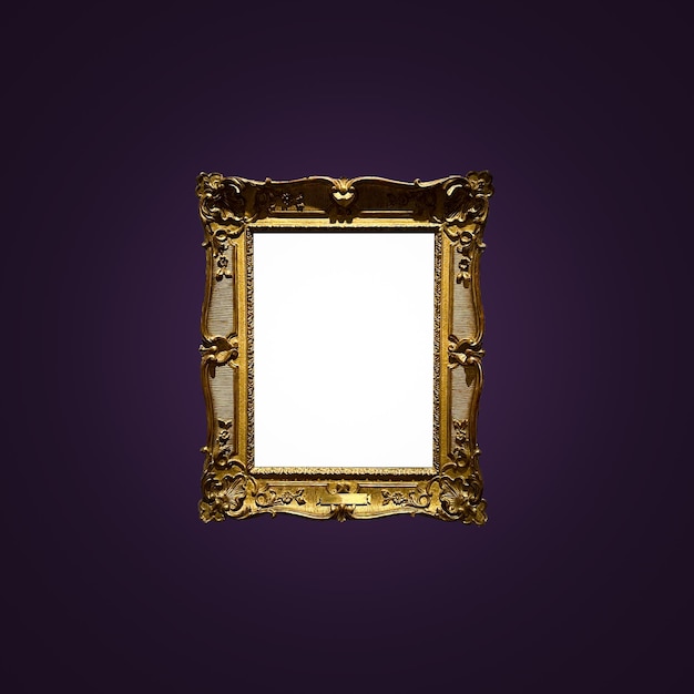 Antique art fair gallery frame on royal purple wall at auction house or museum exhibition blank template with empty white copyspace for mockup design artwork