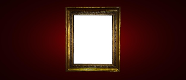 Antique art fair gallery frame on royal red wall at auction house or museum exhibition blank template with empty white copyspace for mockup design artwork