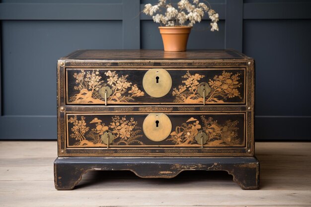 Antique Asian chest with delicate gold painting and calligraphy