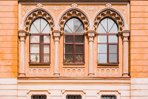 Antique baroque arch windows framed by decorative stucco The facade of an old house Architecture History Heritage Yellow City Outdoor Building