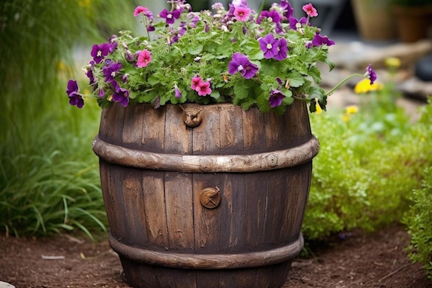 Antique barrel repurposed as a flower planter created with generative ai