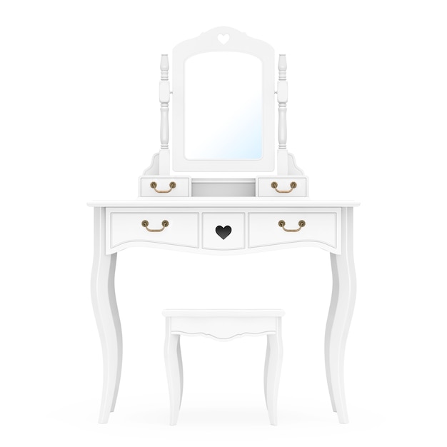 Antique Bedroom Vanity Table with Stool and Mirror on a white background. 3d Rendering