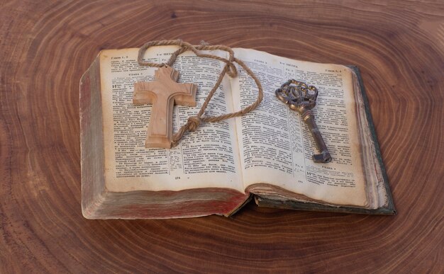 antique BIBLE with copper cover on wood background