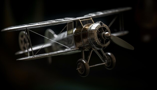 Antique biplane propeller blade spins in close up at airshow generated by artificial intelligence