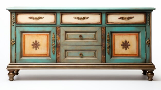 Antique Blue And Brown Painted Sideboard With Gold Accents