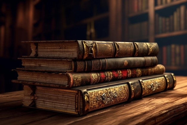 Antique book stack on wooden table in medieval fantasy setting