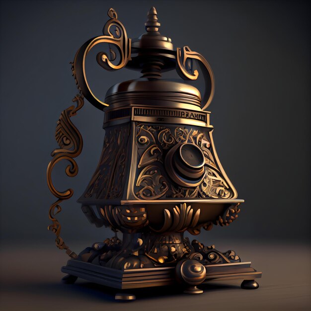 Antique brass coffee pot on a dark background 3d render