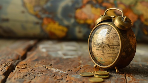 Photo an antique bronze alarm clock with a world map design sits on a wooden table the clock is surrounded by coins the background is a blurry world map