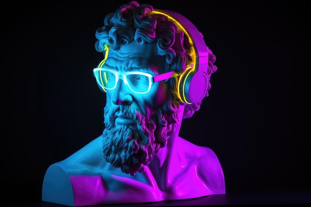 Antique bust of Hercules wearing goggles and headphones illuminated with neon light