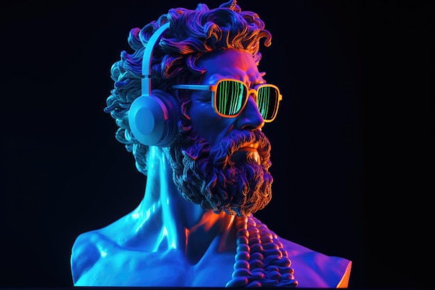 Antique bust of Hercules wearing goggles and headphones illuminated with neon light