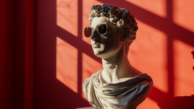 An antique bust sculpture in modern sunglasses Bokeh in the background AI generated