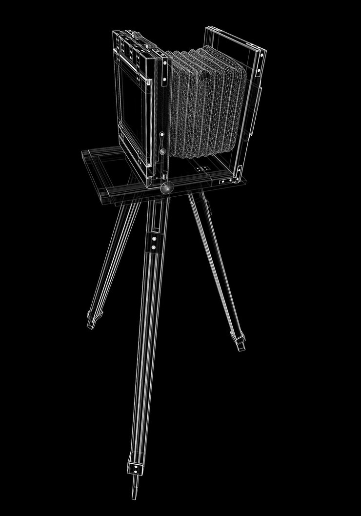 Photo antique camera on a tripod in the background frame model