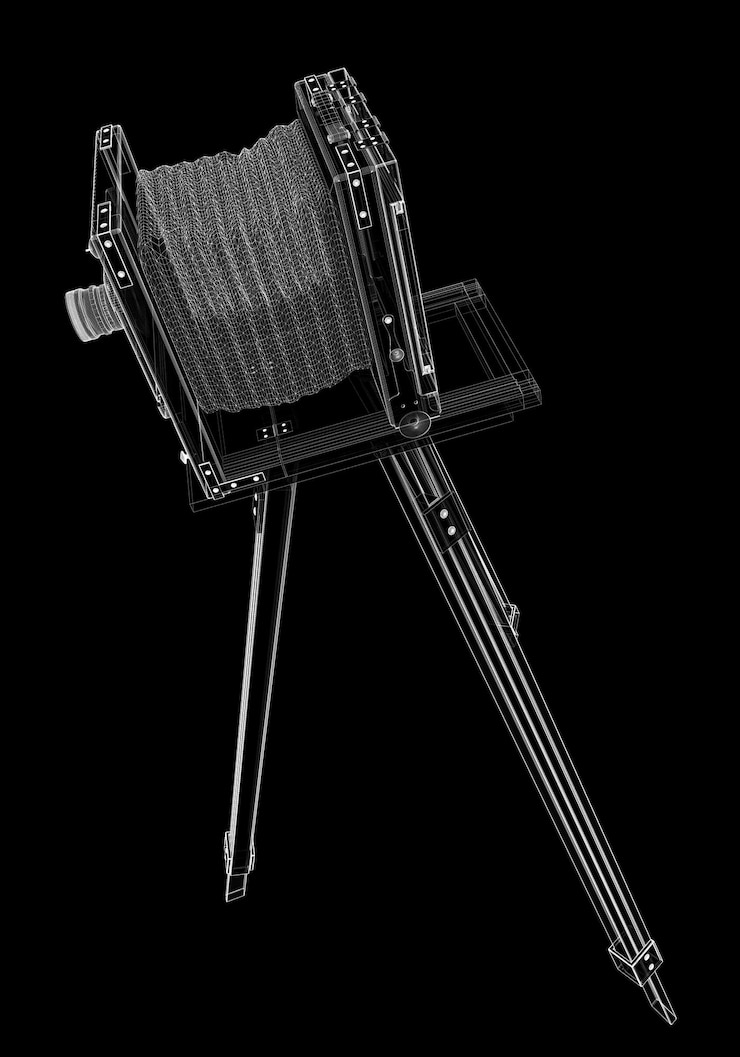 Photo antique camera on a tripod in the background frame model