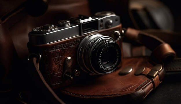 Antique camera with leather and chrome capturing nostalgia and elegance generated by artificial intelligence