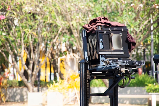 Antique cameras and Camera tripod for show and thai people and foreign travelers take photo in event Chiang Mai Design Week festival at Lanna Folklife Museum and Dreamer Square in Chiang Mai Thailand