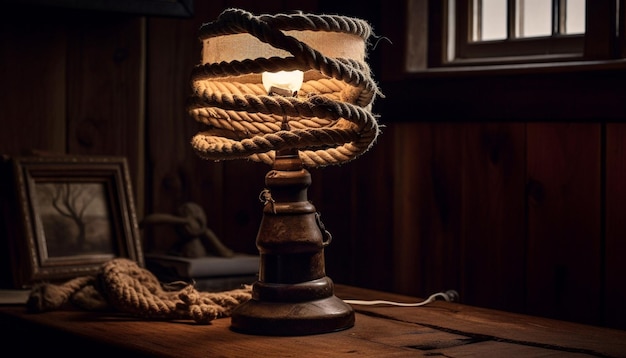 Antique candle illuminates rustic table in darkness generated by AI