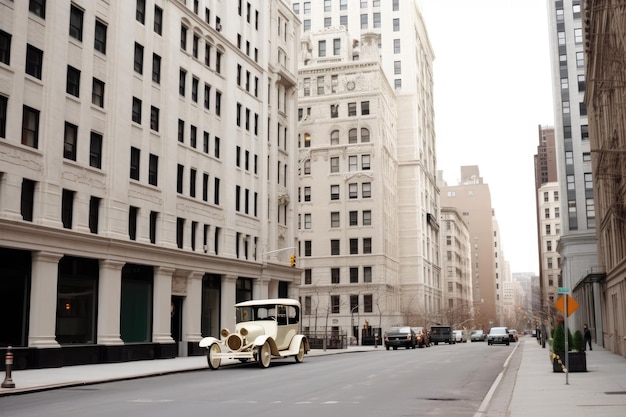 An antique car cruising through a vintage cityscape