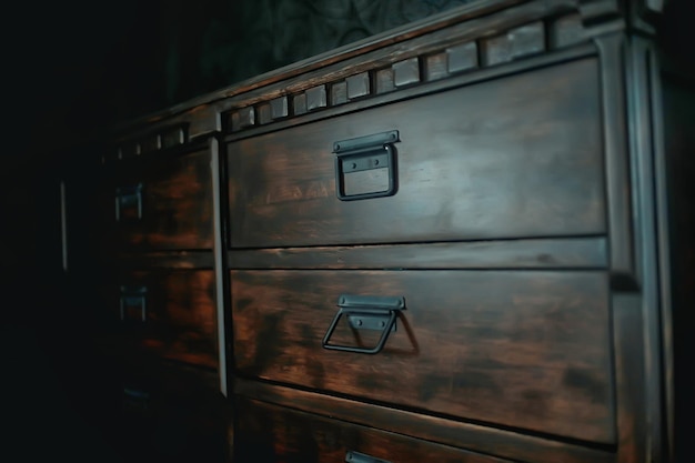 antique chest of drawers / background wooden boxes with handles in vintage wooden furniture wardrobe