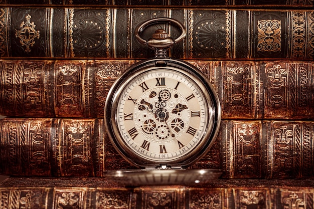 Antique clock dial close-up. Vintage pocket watch.