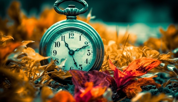 Foto orologio antico ticchetta attraverso la natura del risveglio della notte d'autunno generata dall'intelligenza artificiale