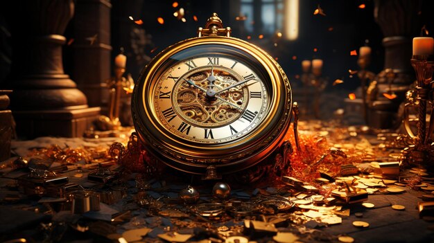 Антикварные часы с различными мелкими и большими шестернями и зубчиками Концепция механического аналога машины времени